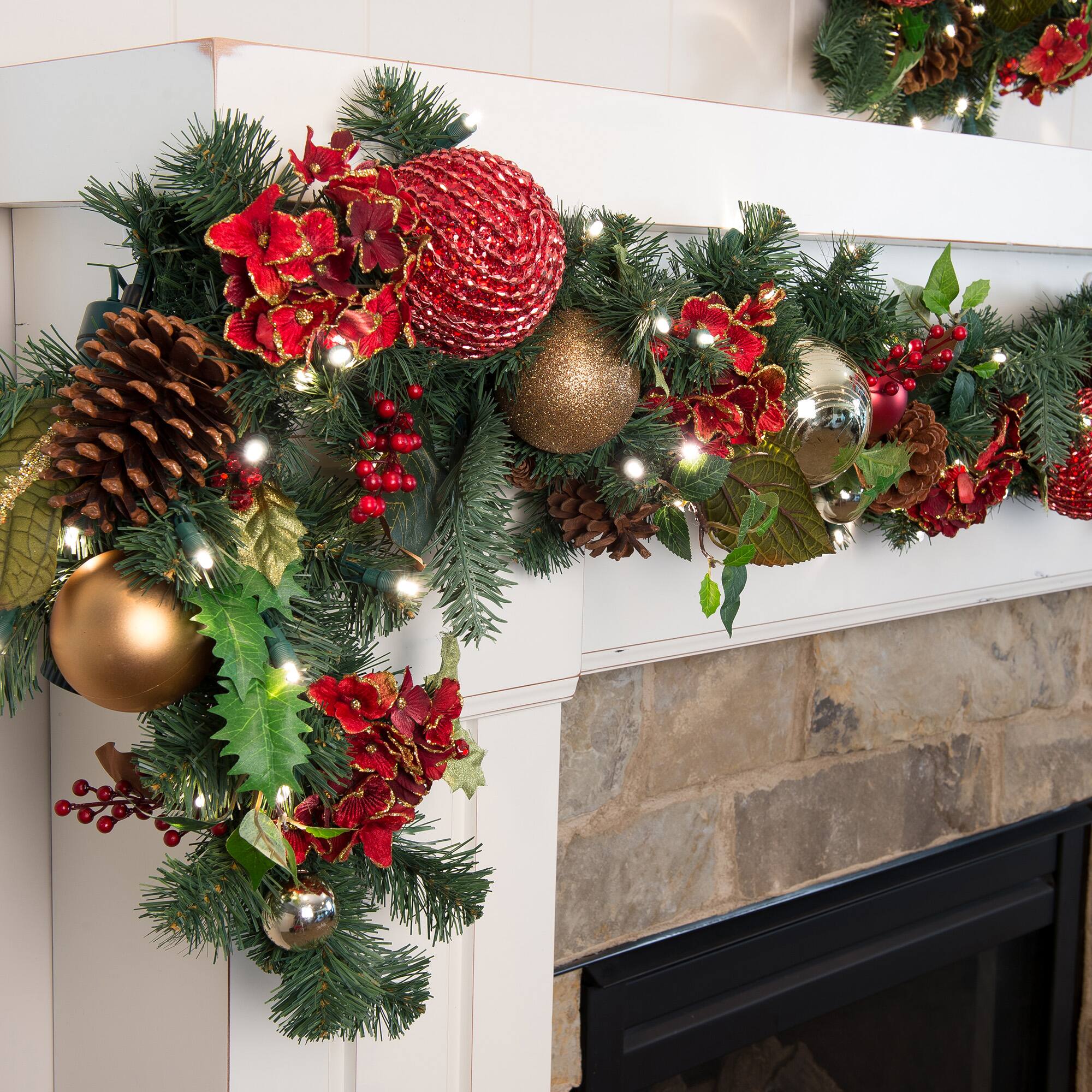 Village Lighting 9ft. Pre-Lit LED Scarlet Hydrangea Christmas Garland